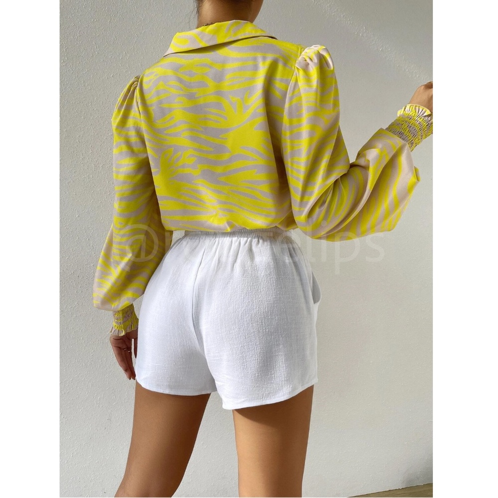 Zebra Stripes Print Yellow Beige Button Up Front Shirt Long Bishop Sleeves - Picture 2 of 8